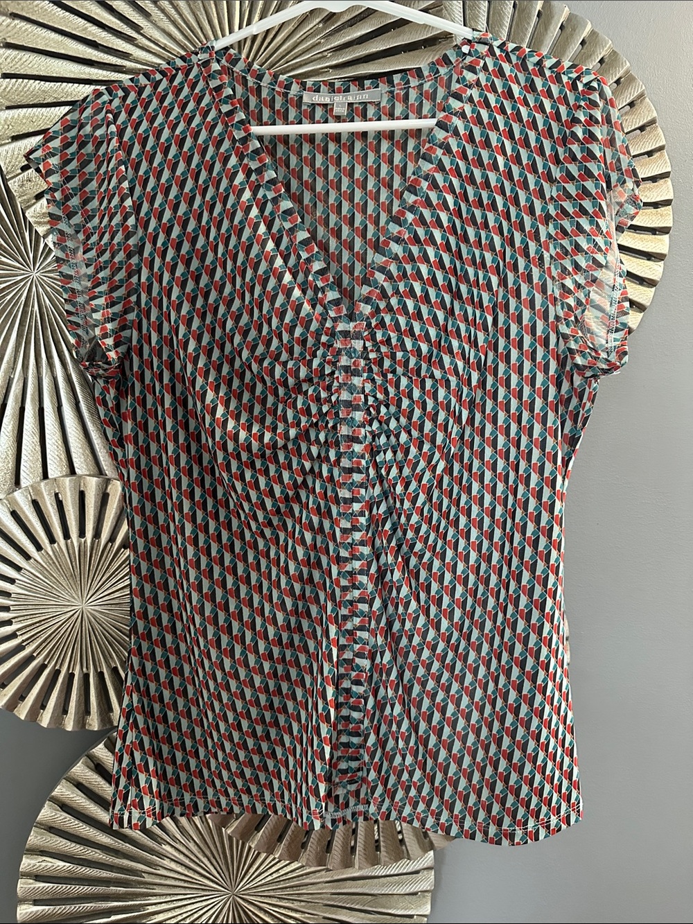 Daniel Rainn Teal and Red Geometric V-Neck Blouse